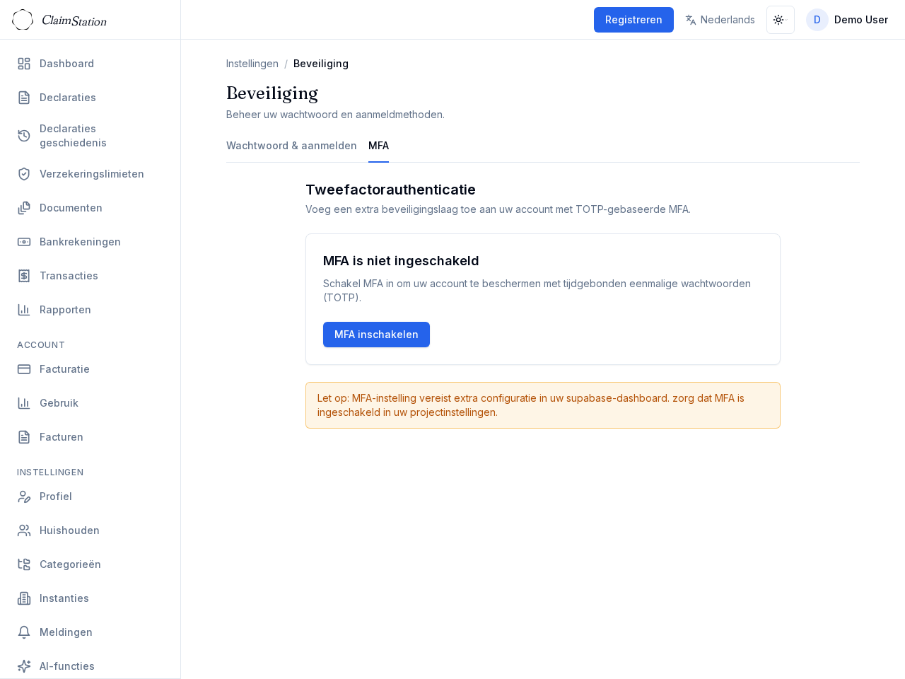 ClaimStation Settings Security MFA